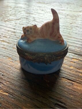 Limoges Blue Trinket Box with Orange Tabby Cat Topper